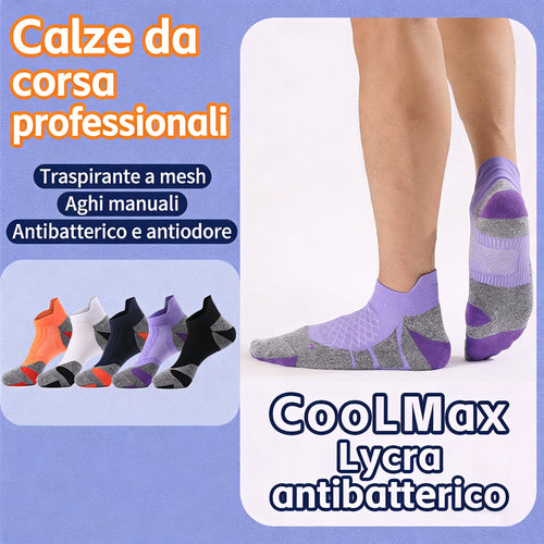 Calze da corsa professionali indossate – Traspirante a mesh, cuciture manuali, effetto antibatterico e anti-odore – Tecnologie LYCRA + COOLMAX per traspirazione e comfort duraturo durante la corsa