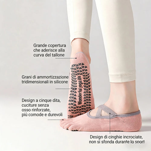 Calze a cinque dita rosa indossate: grande copertura sul tallone, granuli di silicone 3D, cuciture senza osso e cinghie incrociate