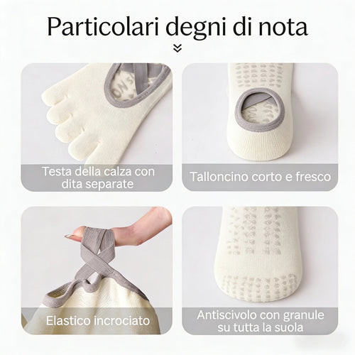 Calze a cinque dita per yoga: dettagli delle dita separate, talloncino corto, elastico incrociato e antiscivolo su tutta la suola
