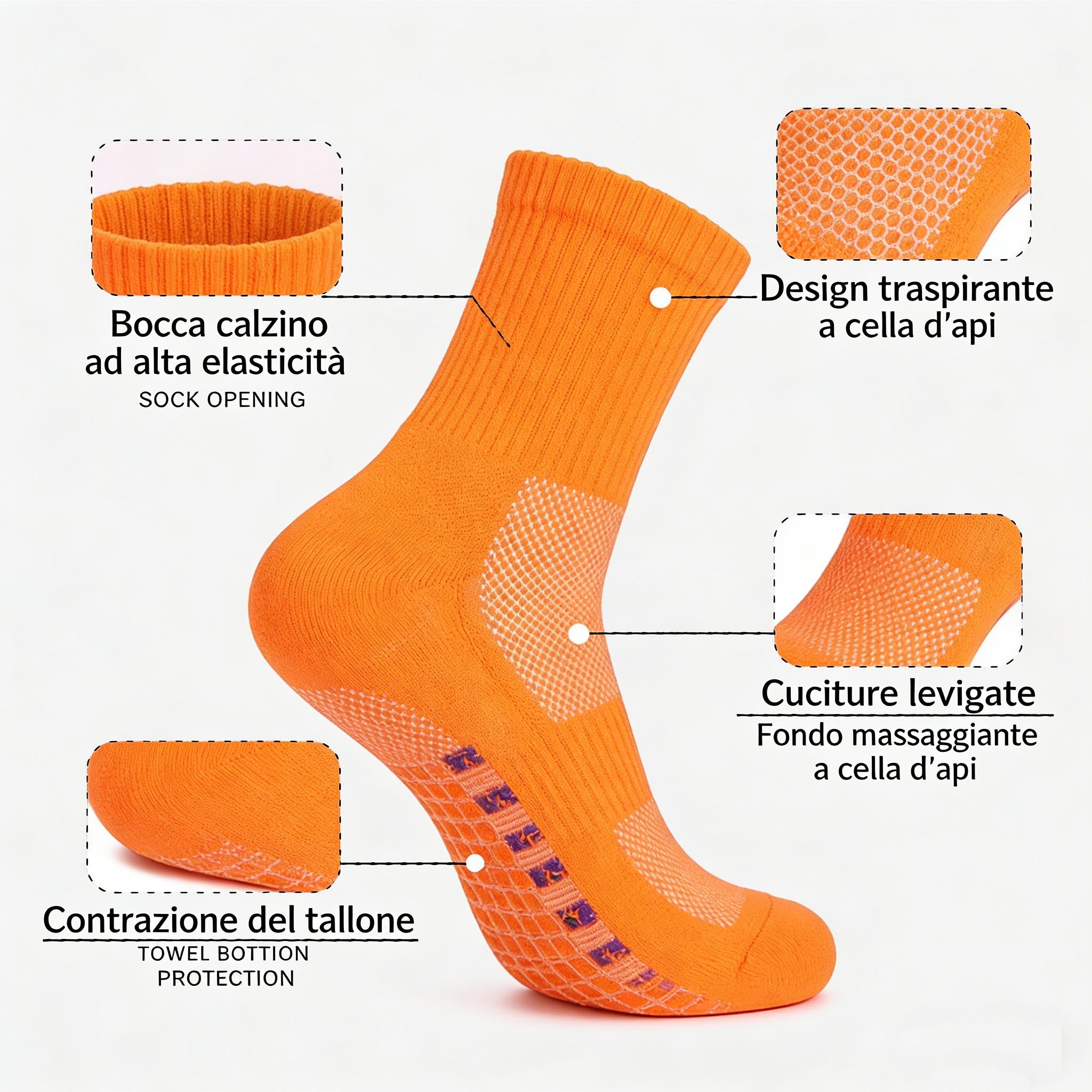 Calzini sportivi arancioni con dettagli tecnici e suola in spugna ammortizzante