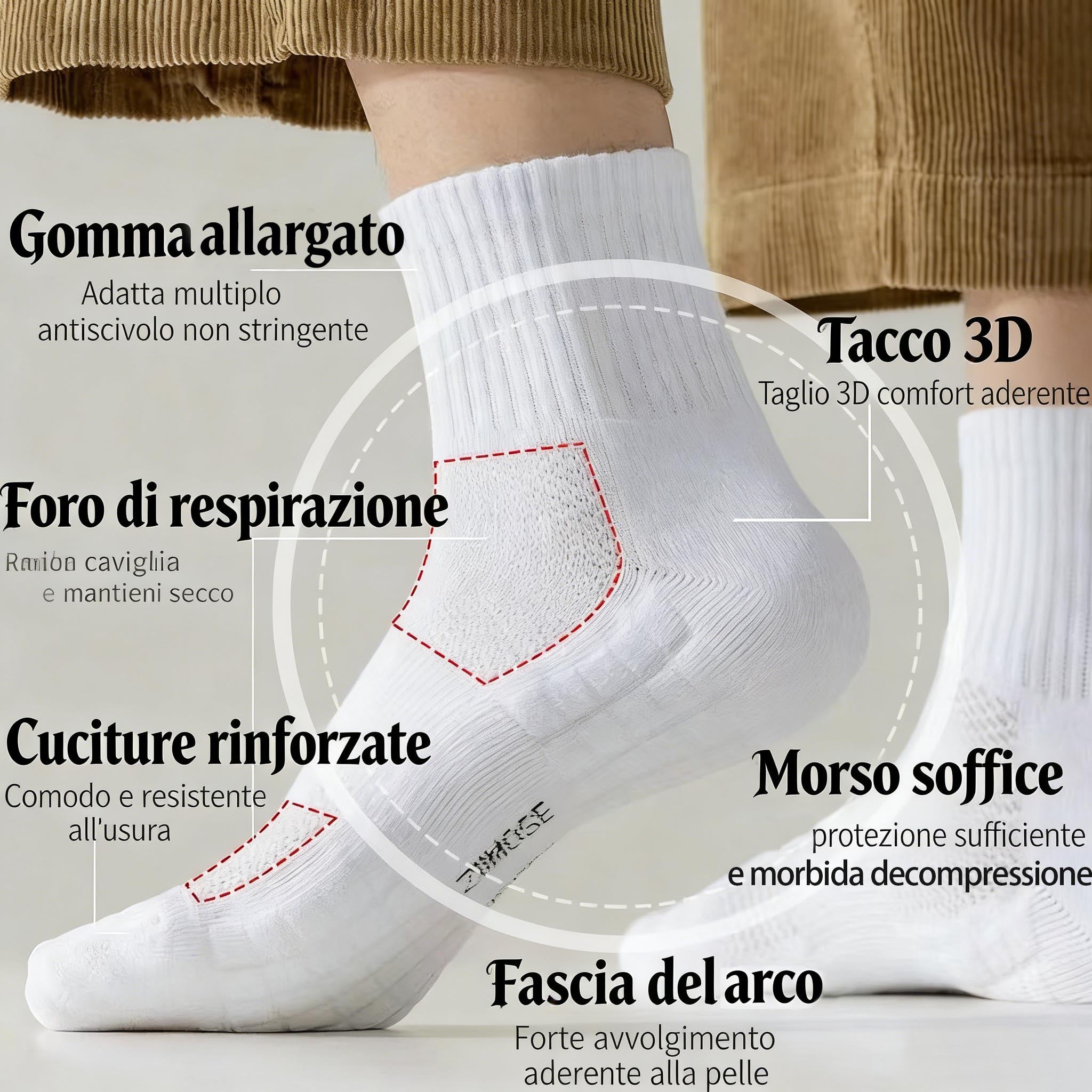 Calzini sportivi bianchi con supporto arco plantare e comfort totale